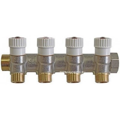 Коллектор регулирующий проходной STOUT - 3/4" (НР/ВР) на 4 контура 1/2" (плоское уплотнение)