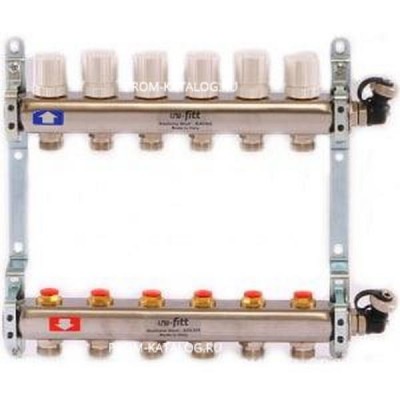 Коллекторная группа 1х3/4, 6 выходов, с регулировочными и термостатическими вентилями, нерж. сталь Uni-Fitt 451I4306
