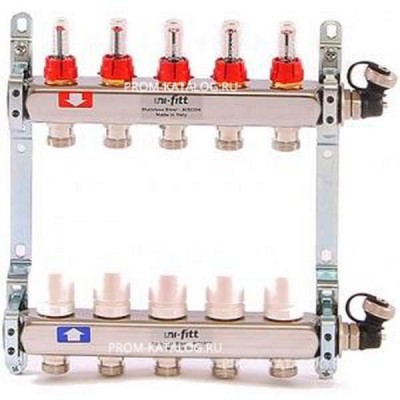 Коллекторная группа 1х3/4, 5 выходов, с расходомерами и термостатическими вентилями, нерж. сталь Uni-Fitt 450I4305