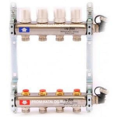 Коллекторная группа 1х3/4, 4 выхода, с регулировочными и термостатическими вентилями, нерж. сталь Uni-Fitt 451I4304