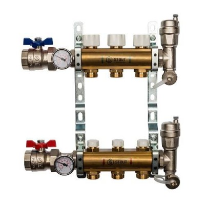 Коллекторная группа для радиаторного отопления STOUT SMB0468 - 1 на 3 контура 3/4EK (латунь)