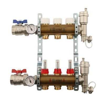 Коллекторная группа для теплого пола STOUT SMB0473 - 1 на 3 контура 3/4EK (латунь)